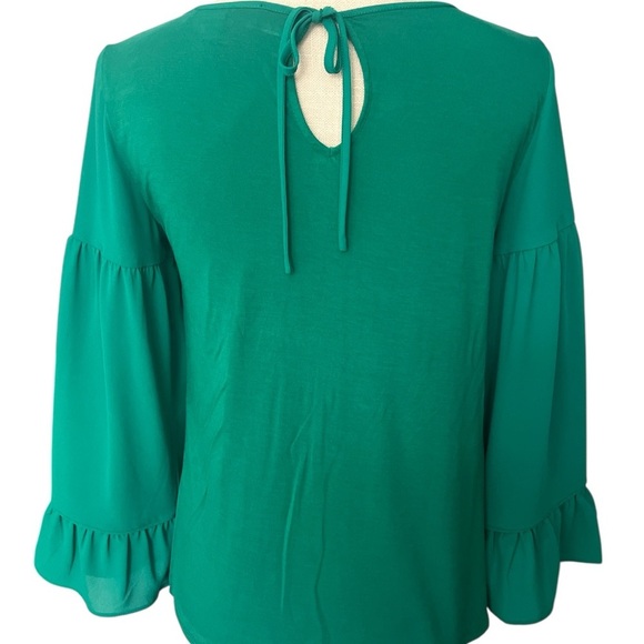 LOFT Green Bell Sleeve Blouse Relaxed Tiered Style - Picture 3 of 8
